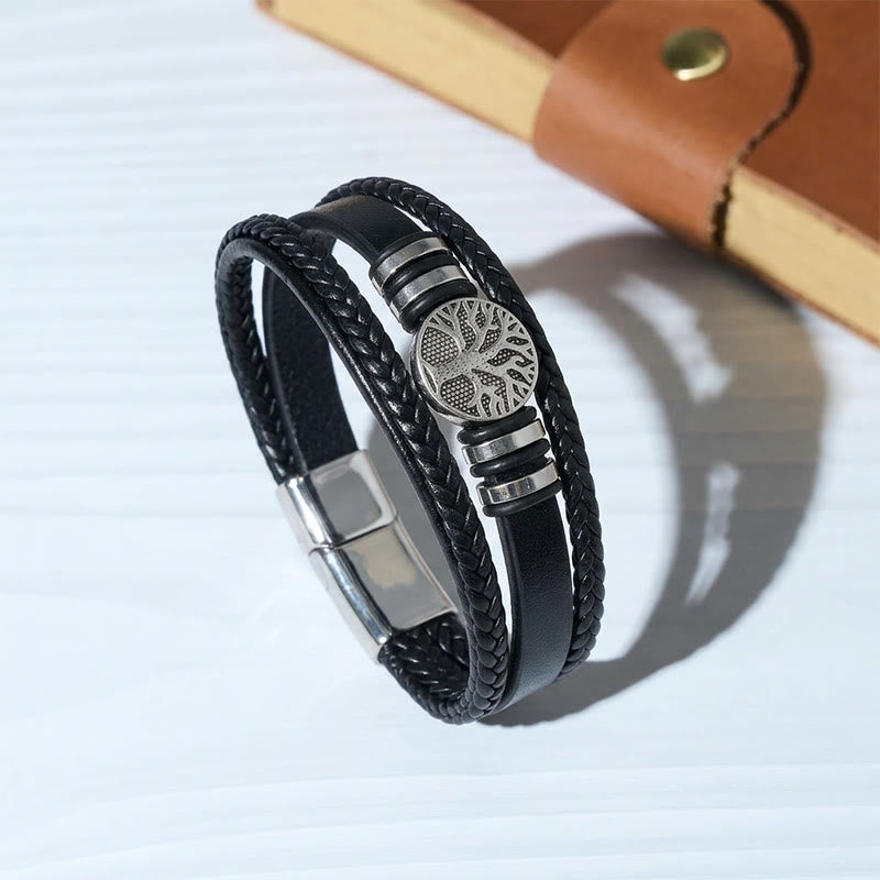 Western Black Braided Leather Tree Of Life Magnetic Bracelet - Black - image 2