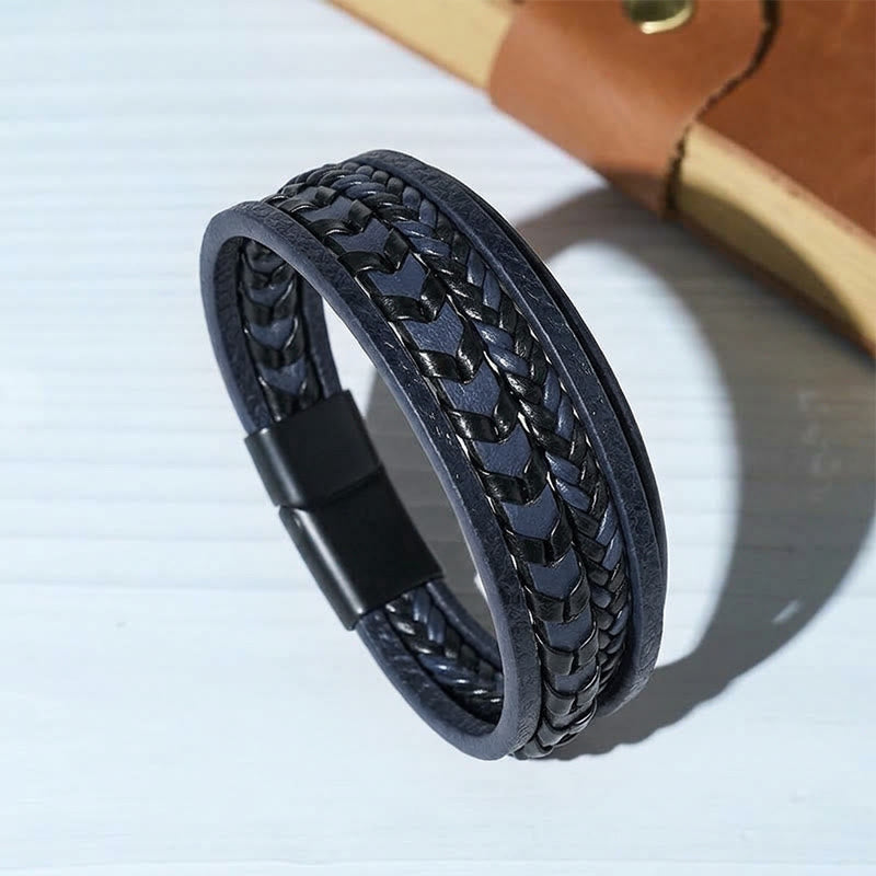 Western Men's Flat Braided Leather Magnetic Clasp Multi-layer Bracelet - Blue - 23cm - image 3