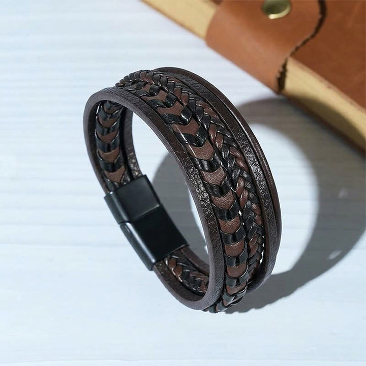 Western Men's Flat Braided Leather Magnetic Clasp Multi-layer Bracelet - Coffee - 23cm - image 0
