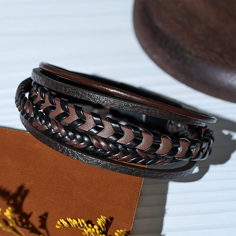 Western Men's Flat Braided Leather Magnetic Clasp Multi-layer Bracelet - image 8