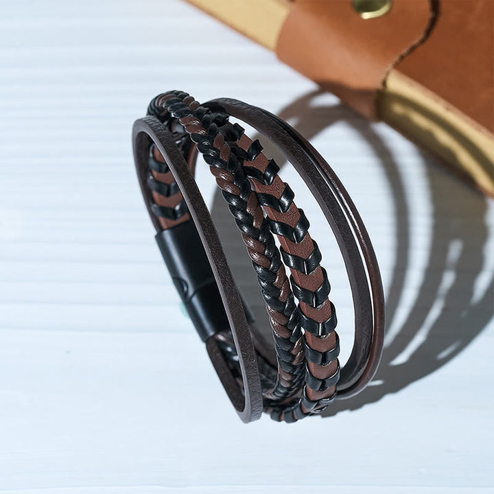 Western Men's Flat Braided Leather Magnetic Clasp Multi-layer Bracelet - image 4