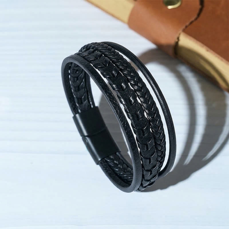 Western Men's Flat Braided Leather Magnetic Clasp Multi-layer Bracelet - Black - 9.06" / 23cm - image 2