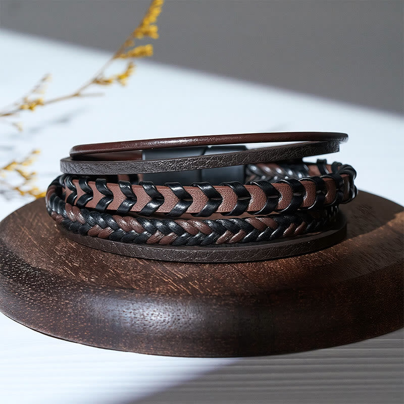 Western Men's Flat Braided Leather Magnetic Clasp Multi-layer Bracelet - image 6