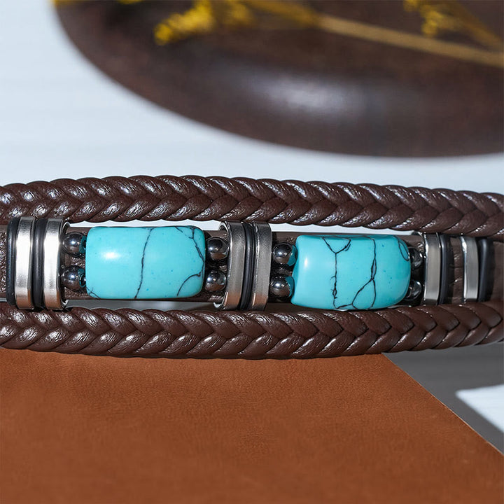 Western Braided Leather Turquoise Stone Accent Men's Bracelet - image 9