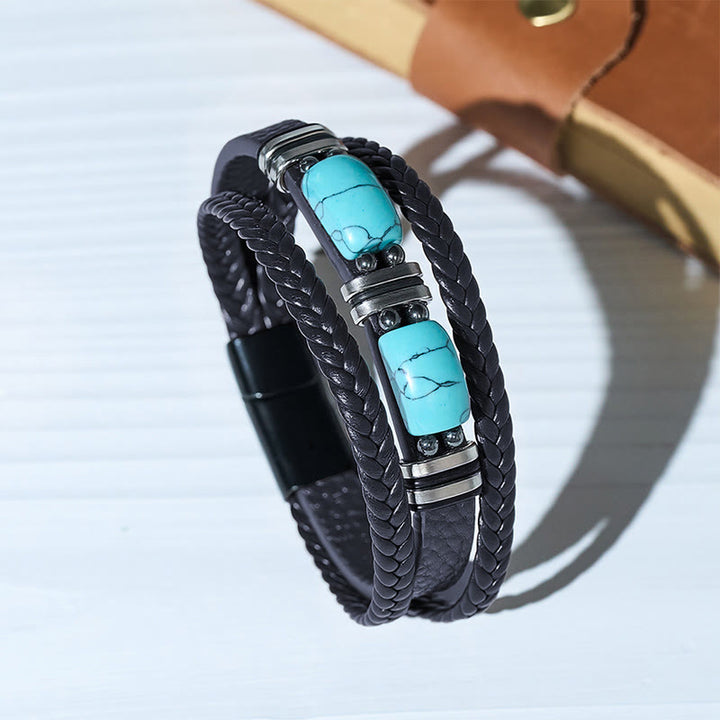 Western Braided Leather Turquoise Stone Accent Men's Bracelet - Black - 9.06" / 23cm - image 4
