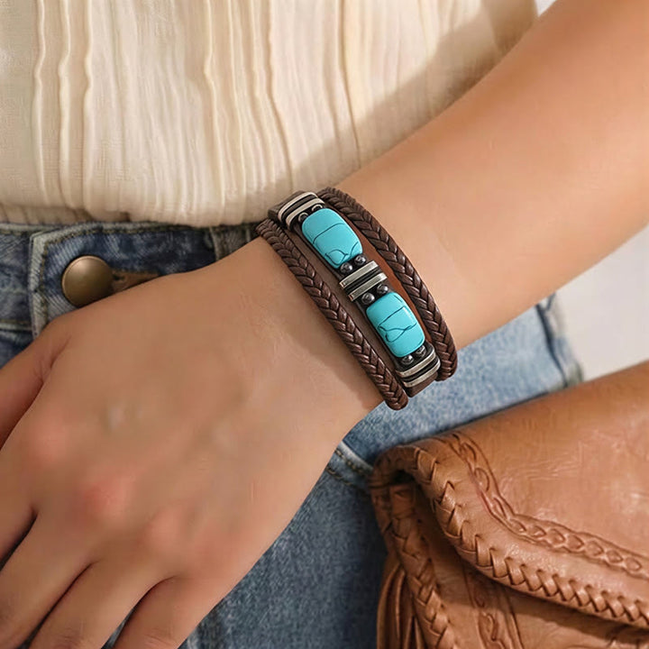 Western Braided Leather Turquoise Stone Accent Men's Bracelet - image 5