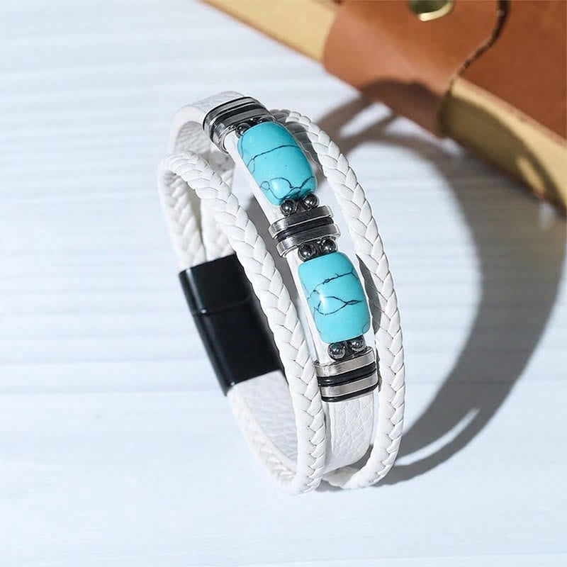 Western Braided Leather Turquoise Stone Accent Men's Bracelet - White - 9.06" / 23cm - image 3