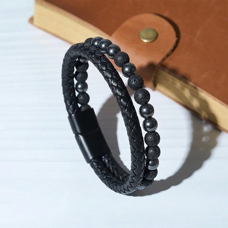 Men's Vintage Western Mixed Leather Lava Stone Multi-layer Bracelet - Style#4 - 9.06" / 23cm - image 2