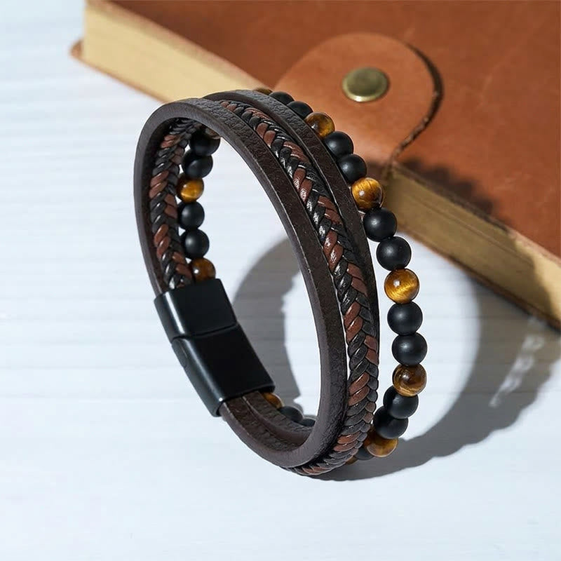 Men's Vintage Western Mixed Leather Lava Stone Multi-layer Bracelet - Style#1 - 9.06" / 23cm - image 0