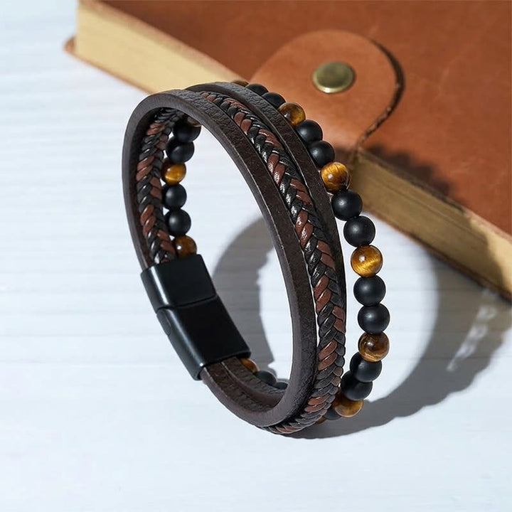 Men's Vintage Western Mixed Leather Lava Stone Multi-layer Bracelet - Style#1 - 9.06" / 23cm - image 0