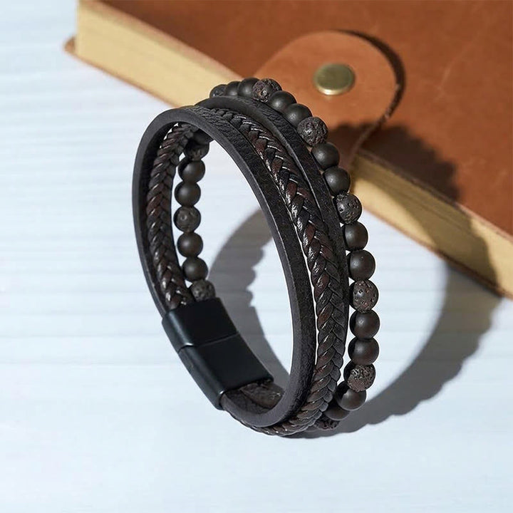 Men's Vintage Western Mixed Leather Lava Stone Multi-layer Bracelet - Style#3 - 9.06" / 23cm - image 3