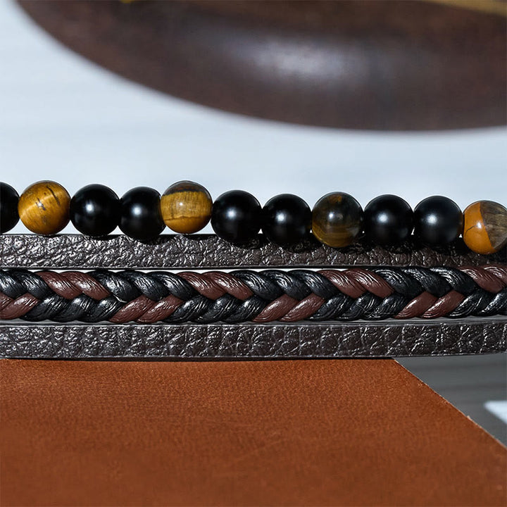 Men's Vintage Western Mixed Leather Lava Stone Multi-layer Bracelet - image 9