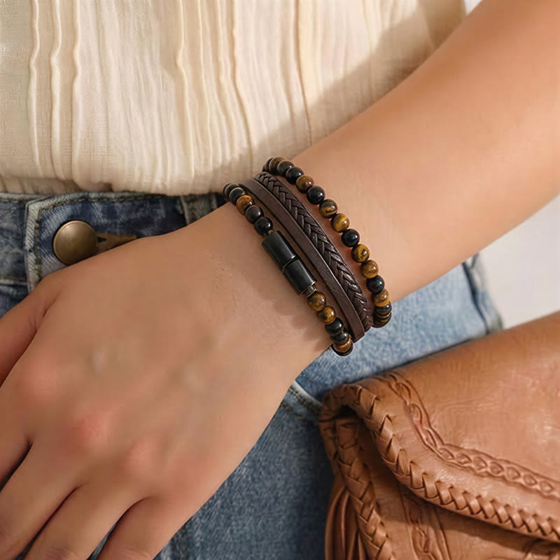 Men's Vintage Western Mixed Leather Lava Stone Multi-layer Bracelet - image 5