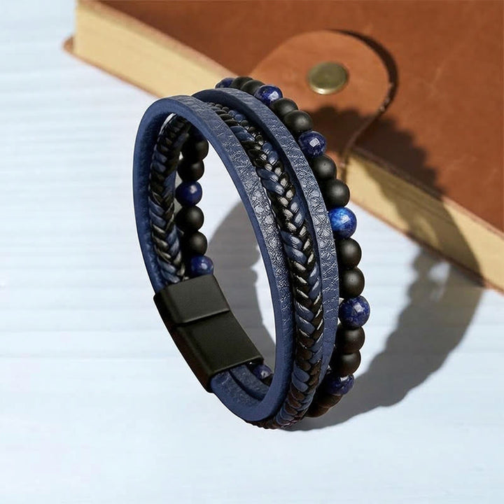 Men's Vintage Western Mixed Leather Lava Stone Multi-layer Bracelet - Style#2 - 9.06" / 23cm - image 4