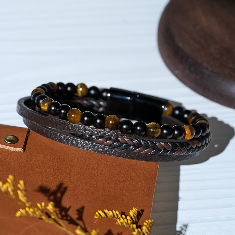 Men's Vintage Western Mixed Leather Lava Stone Multi-layer Bracelet - image 8