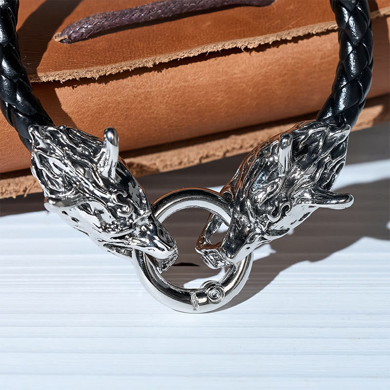 Men's Vintage Viking Braided Leather Dual Wolf Head Bracelet - image 5
