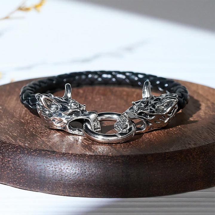 Men's Vintage Viking Braided Leather Dual Wolf Head Bracelet - 23cm - image 0