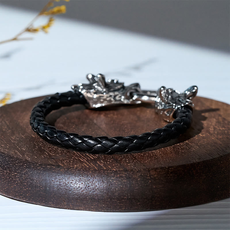 Men's Vintage Viking Braided Leather Dual Wolf Head Bracelet - image 4