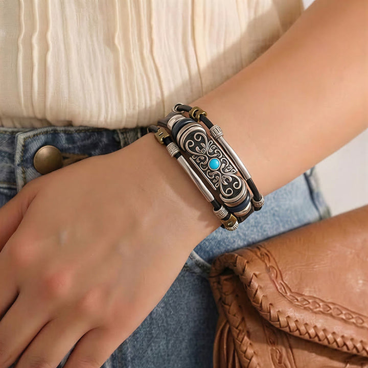 Men's Vintage Western Leather Blue Stone Filigree Bracelet - image 2