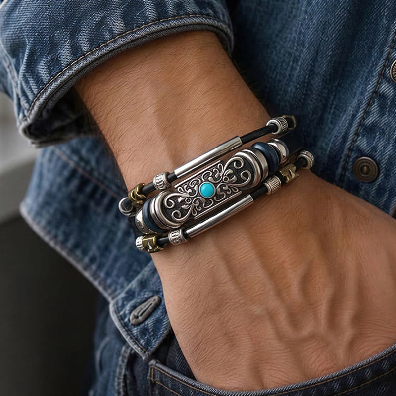 Men's Vintage Western Leather Blue Stone Filigree Bracelet - image 1