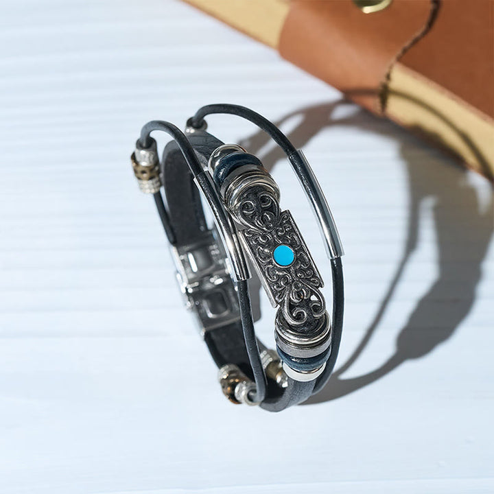 Men's Vintage Western Leather Blue Stone Filigree Bracelet - image 0