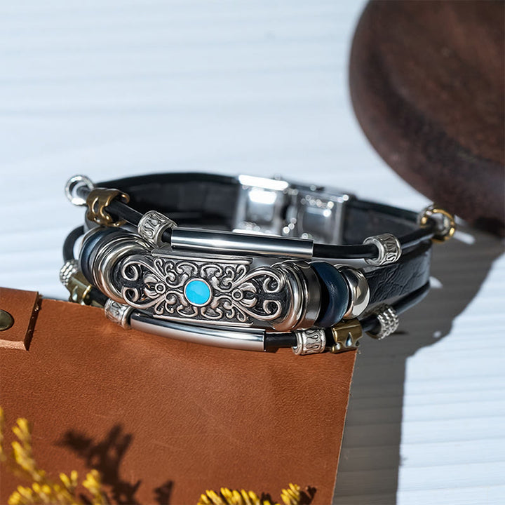 Men's Vintage Western Leather Blue Stone Filigree Bracelet - image 5