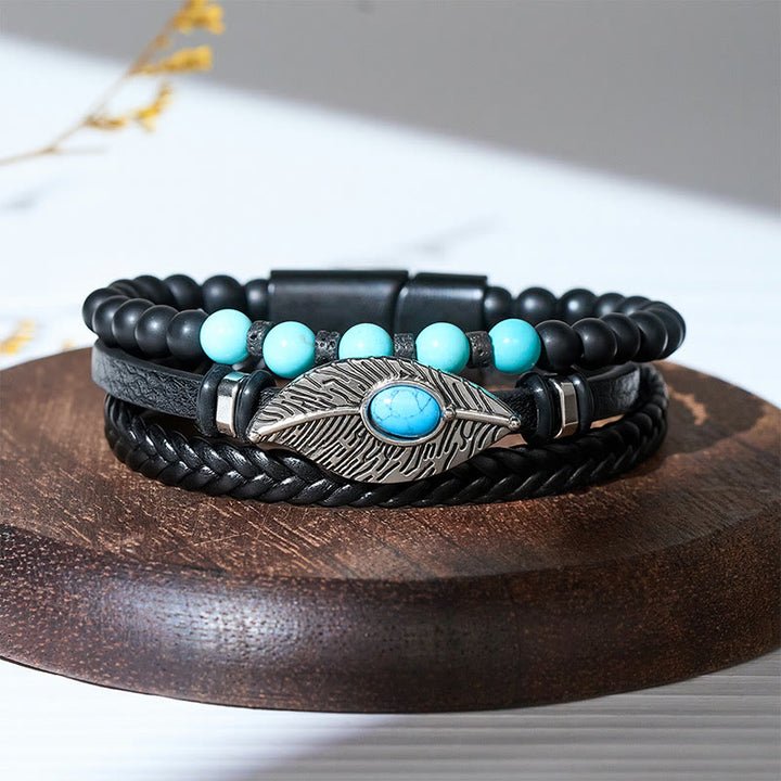 Men's Boho Western Leather Feather Gemstone Magnetic Bracelet - image 6