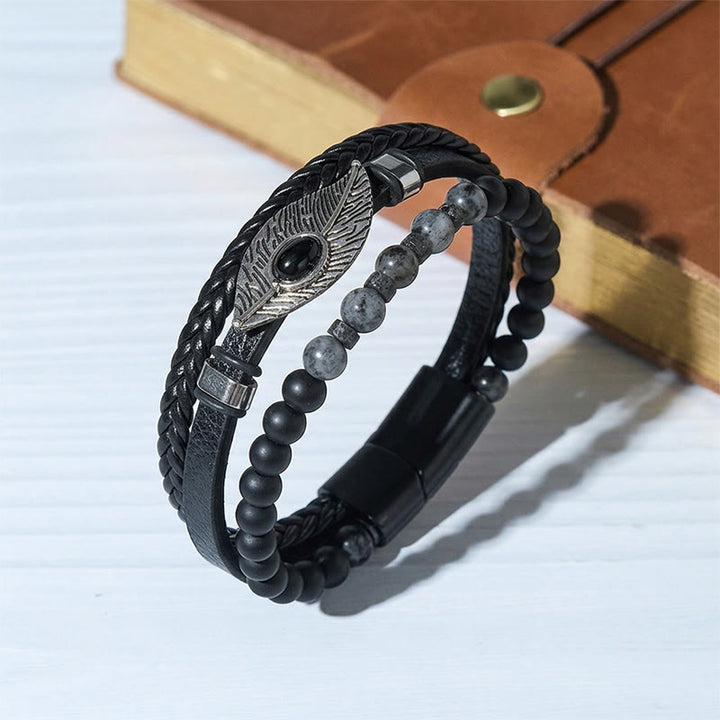 Men's Boho Western Leather Feather Gemstone Magnetic Bracelet - Style#3 - 23cm - image 3