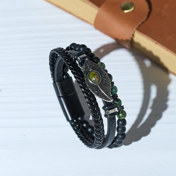 Men's Boho Western Leather Feather Gemstone Magnetic Bracelet - Style#4 - 9.06" / 23cm - image 4