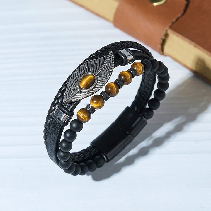 Men's Boho Western Leather Feather Gemstone Magnetic Bracelet - Style#1 - 23cm - image 2