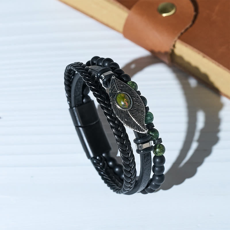Men's Boho Western Leather Feather Gemstone Magnetic Bracelet - Style#4 - 23cm - image 4