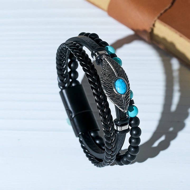 Men's Boho Western Leather Feather Gemstone Magnetic Bracelet - Style#2 - 23cm - image 0