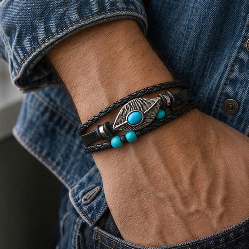Men's Boho Western Leather Feather Gemstone Magnetic Bracelet - image 1