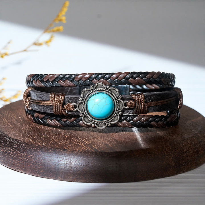 Men's Southwestern Black Leather Turquoise Concho Bracelet - image 4