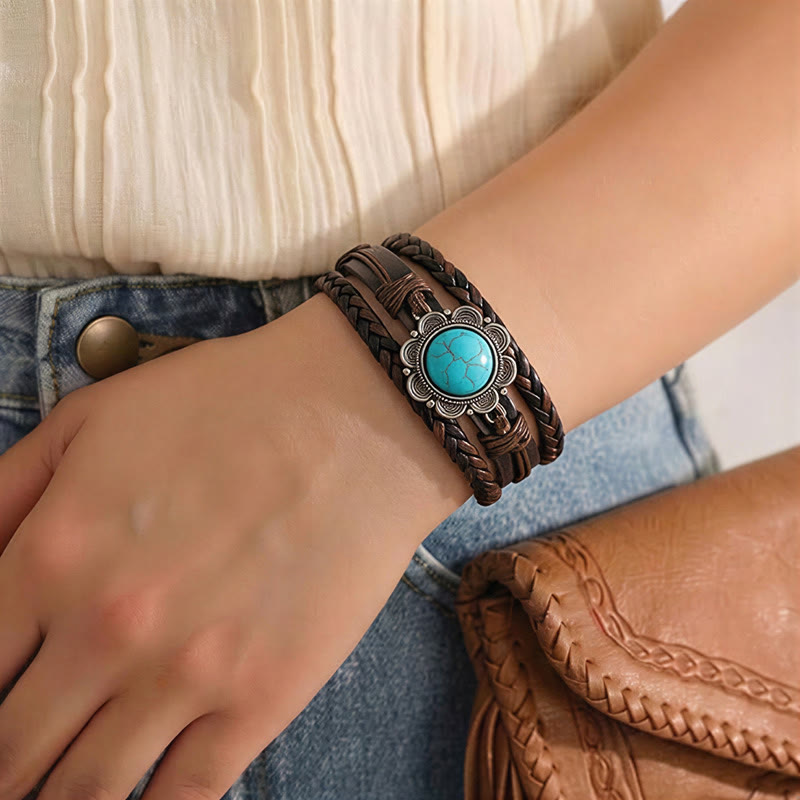 Men's Southwestern Black Leather Turquoise Concho Bracelet - image 2