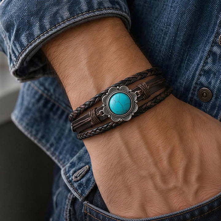 Men's Southwestern Black Leather Turquoise Concho Bracelet - image 1