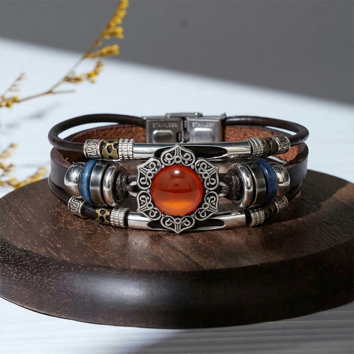 Southwestern Vintage Stainless Steel Leather Natural Oval Stone Bracelet - Style#5 - image 9