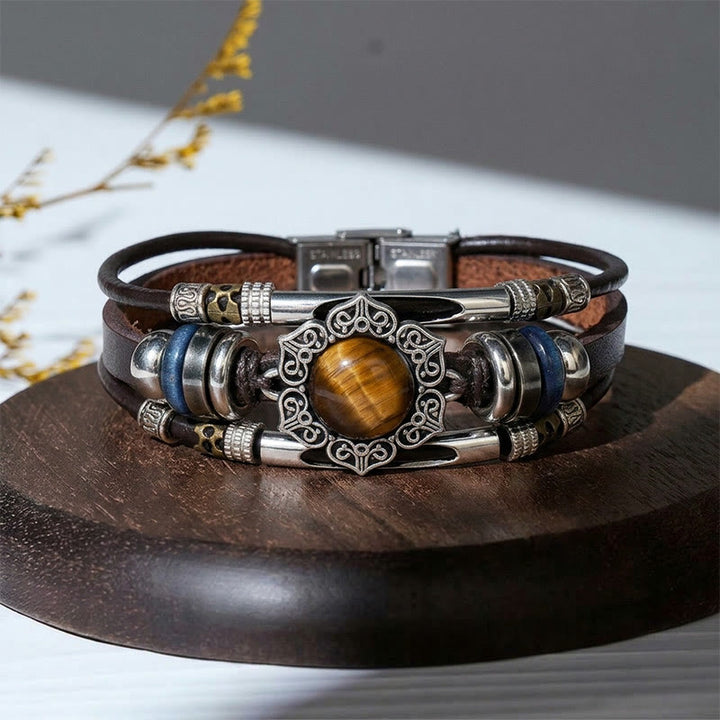 Southwestern Vintage Stainless Steel Leather Natural Oval Stone Bracelet - Style#3 - image 4