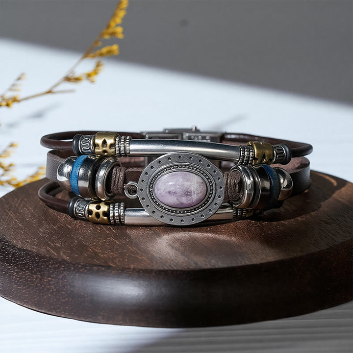 Southwestern Vintage Stainless Steel Leather Natural Oval Stone Bracelet - Style#2 - image 6