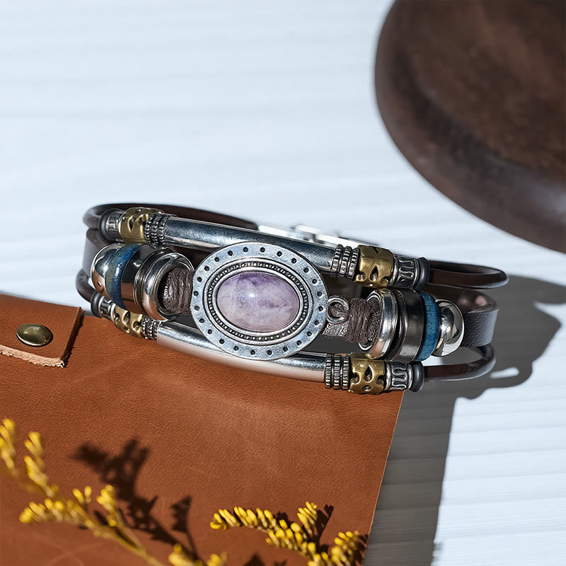 Southwestern Vintage Stainless Steel Leather Natural Oval Stone Bracelet - image 5