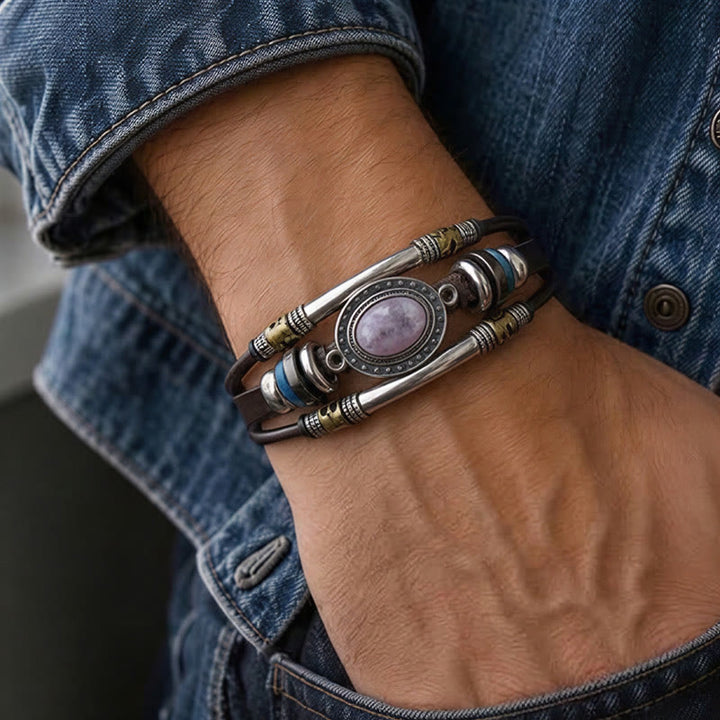Southwestern Vintage Stainless Steel Leather Natural Oval Stone Bracelet - image 1