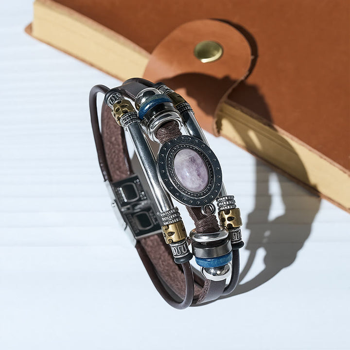 Southwestern Vintage Stainless Steel Leather Natural Oval Stone Bracelet - image 2