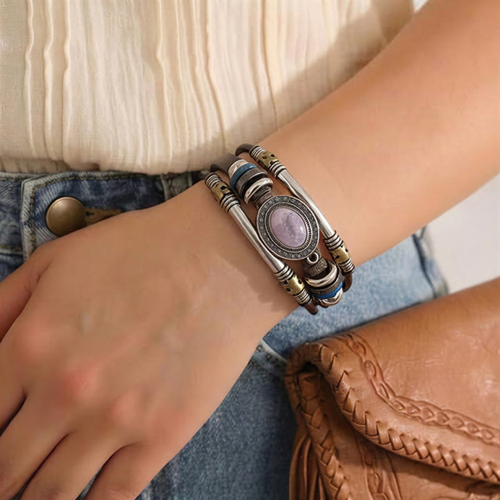 Southwestern Vintage Stainless Steel Leather Natural Oval Stone Bracelet - image 3
