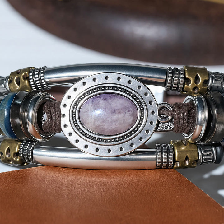 Southwestern Vintage Stainless Steel Leather Natural Oval Stone Bracelet - image 11