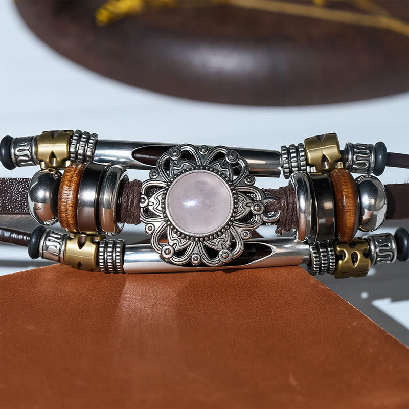 Western Flower Gemstone Multi-layer Leather Stainless Steel Bracelet - Style#2 - image 12