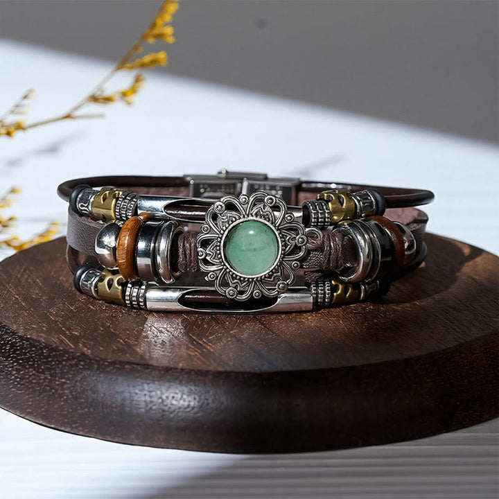 Western Flower Gemstone Multi-layer Leather Stainless Steel Bracelet - Style#6 - image 7