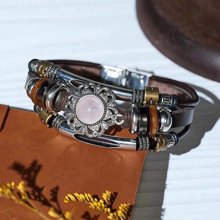 Western Flower Gemstone Multi-layer Leather Stainless Steel Bracelet - image 10