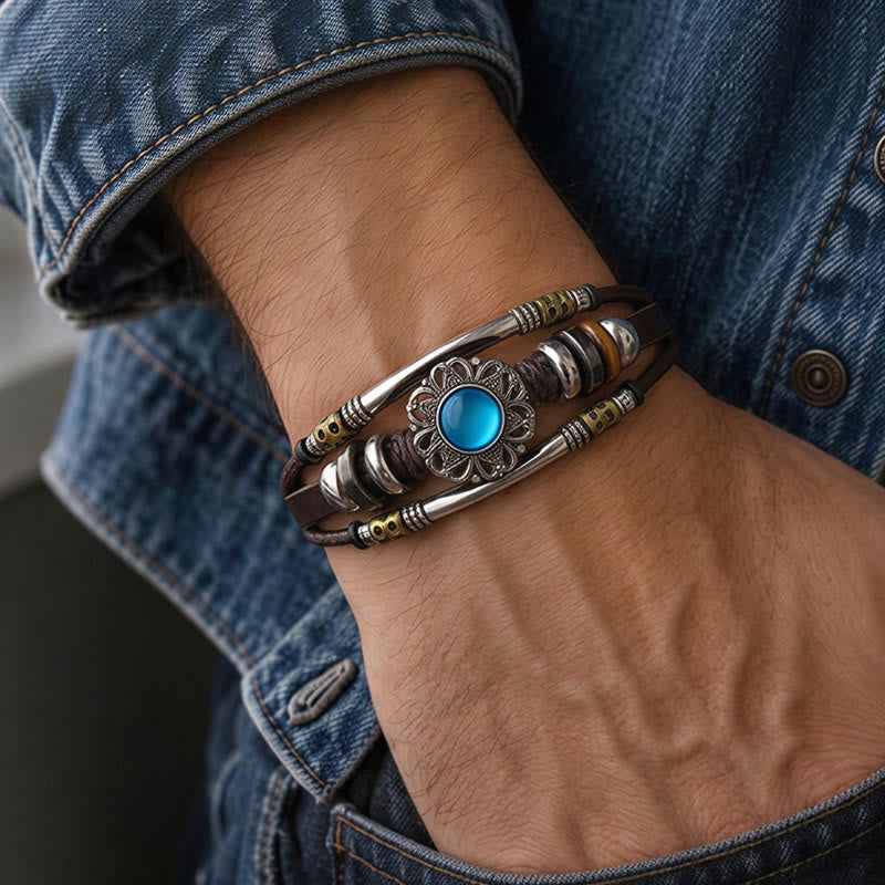 Western Flower Gemstone Multi-layer Leather Stainless Steel Bracelet - image 1