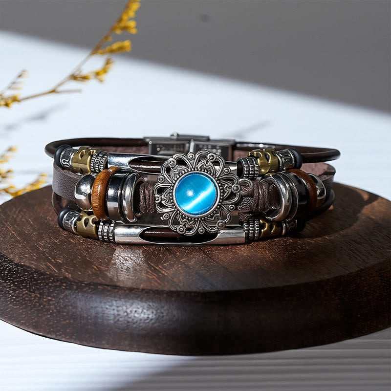 Western Flower Gemstone Multi-layer Leather Stainless Steel Bracelet - Style#1 - image 9