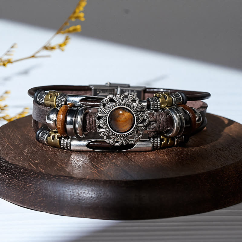 Western Flower Gemstone Multi-layer Leather Stainless Steel Bracelet - Style#3 - image 6